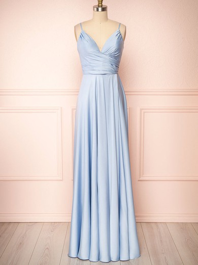 A-line V-neck Silk-like Satin Floor-length Bridesmaid Dresses With Ruffles #UKM01014539