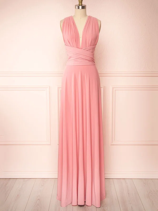 A-line V-neck Jersey Floor-length Bridesmaid Dresses With Sashes / Ribbons #UKM01014540