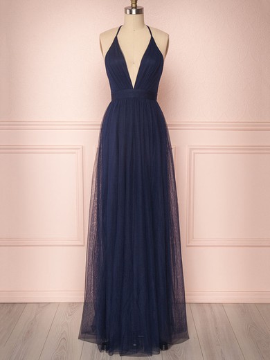 A-line V-neck Tulle Floor-length Bridesmaid Dresses With Split Front #UKM01014541