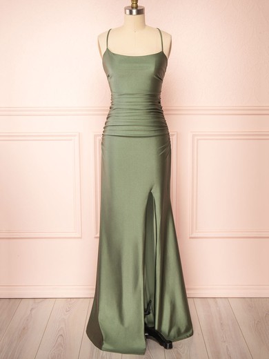 Sheath/Column Scoop Neck Silk-like Satin Floor-length Ruffles Bridesmaid Dresses #UKM01014543