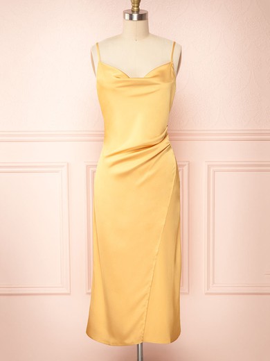 Sheath/Column Cowl Neck Silk-like Satin Tea-length Split Front Bridesmaid Dresses #UKM01014544