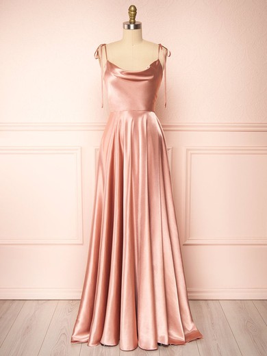 A-line Cowl Neck Silk-like Satin Floor-length Bridesmaid Dresses With Split Front #UKM01014546