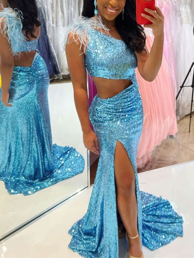 Trumpet/Mermaid One Shoulder Sequined Sweep Train Prom Dresses With Feathers / Fur #UKM020111808