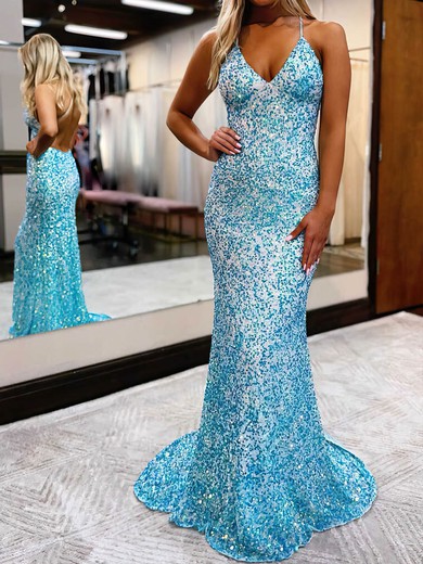 Sheath/Column Sweep Train V-neck Sequined Prom Dresses #UKM020111813