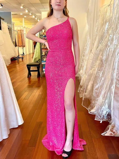 Sheath/Column One Shoulder Sequined Sweep Train Split Front Prom Dresses #UKM020111816
