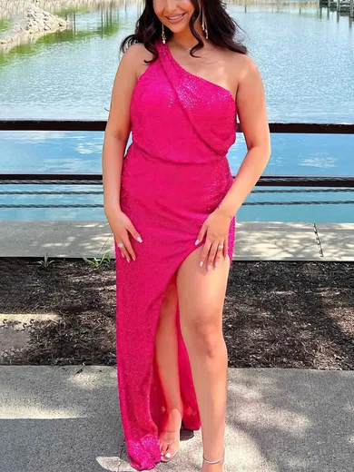 Sheath/Column One Shoulder Sequined Sweep Train Split Front Prom Dresses #UKM020111817