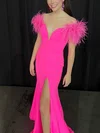 Sheath/Column Off-the-shoulder Jersey Sweep Train Feathers / Fur Prom Dresses #UKM020111821
