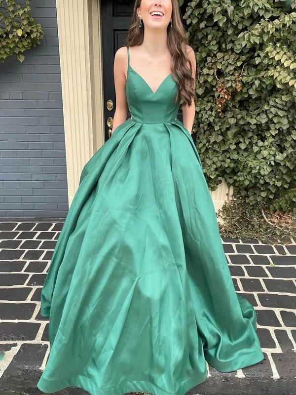 Ball Gown/Princess Sweep Train V-neck Silk-like Satin Pockets Prom Dresses #UKM020111824