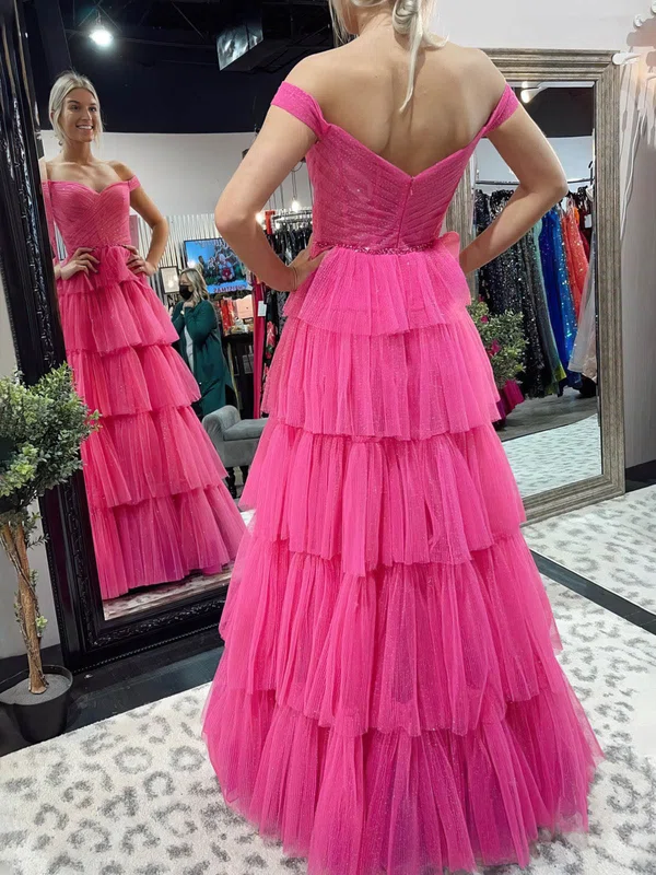 Ball Gown Off-the-shoulder Glitter Floor-length Beading Prom Dresses #UKM020111833
