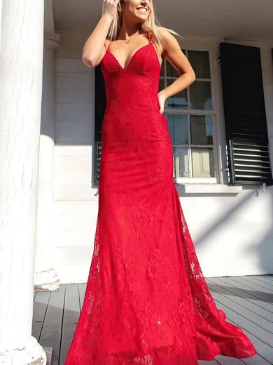 Trumpet/Mermaid V-neck Lace Sweep Train Beading Prom Dresses #UKM020111834
