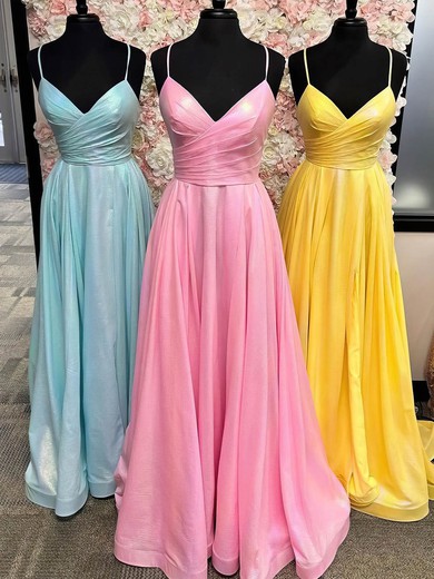 A-line V-neck Shimmer Crepe Sweep Train Ruffles Prom Dresses #UKM020111836