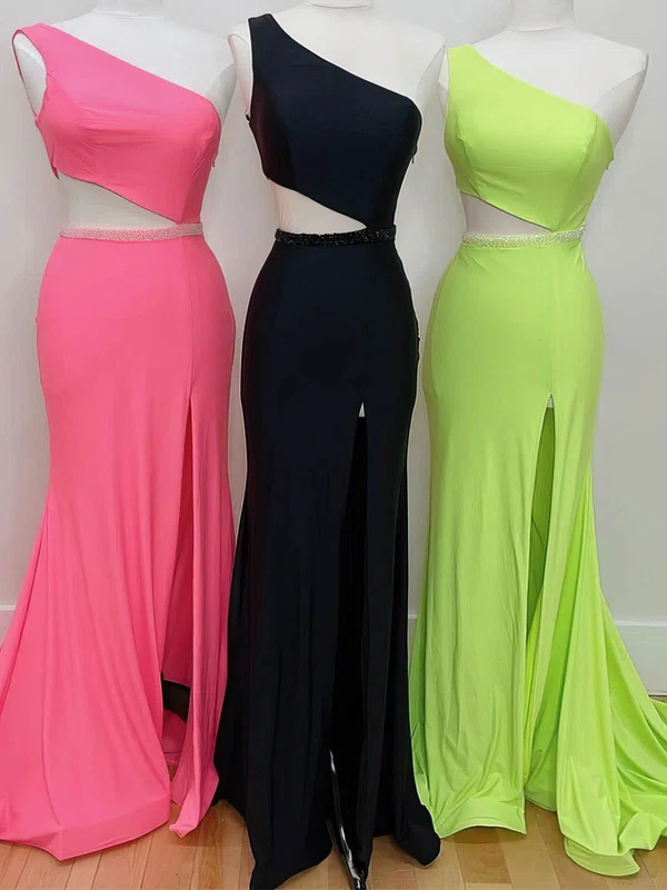 Trumpet/Mermaid One Shoulder Jersey Sweep Train Prom Dresses With Split Front #UKM020111837