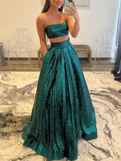 Ball Gown Straight Sequined Sweep Train Pockets Prom Dresses #UKM020111838