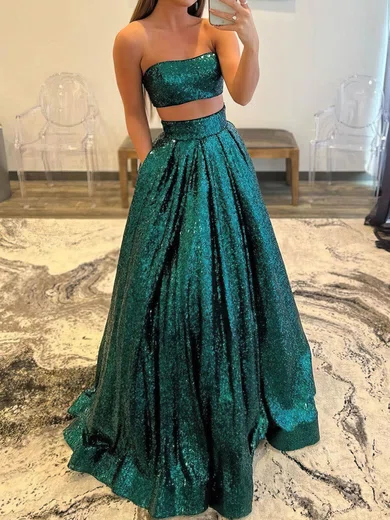 Ball Gown Strapless Sparkly Sequin Two Piece Prom Dresses #UKM020111838