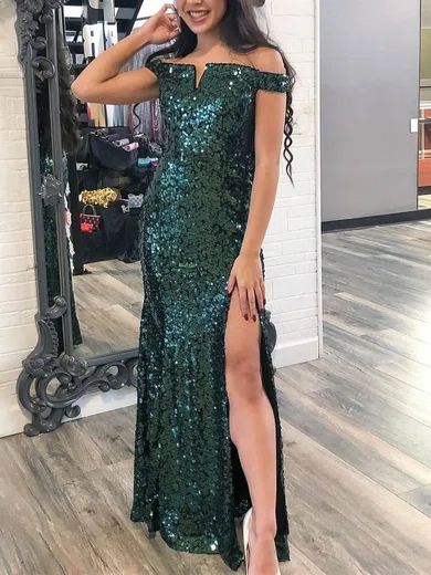 Sheath/Column Off-the-shoulder Sequined Floor-length Split Front Prom Dresses #UKM020111839