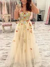 A-line V-neck Lace Tulle Sweep Train Prom Dresses With Appliques Lace #UKM020111844