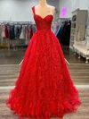 Princess One Shoulder Lace Tulle Sweep Train Prom Dresses With Appliques Lace #UKM020111850