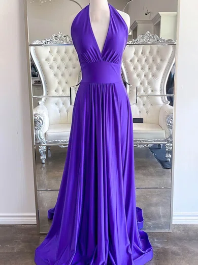 A-line Halter Jersey Cut Out Prom Dresses With Ruched #UKM020111851