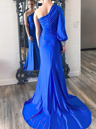 Trumpet/Mermaid One Shoulder Jersey Sweep Train Prom Dresses With Split Front #UKM020111854