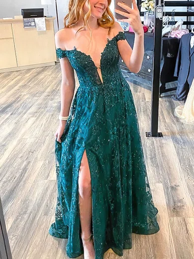 A-line Off-the-shoulder Lace Tulle Sweep Train Prom Dresses With Split Front #UKM020111859