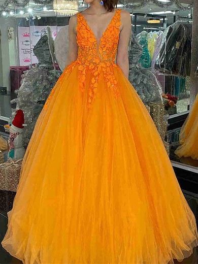 Ball Gown/Princess Sweep Train V-neck Tulle Beading Prom Dresses #UKM020111863