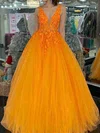 Ball Gown/Princess Sweep Train V-neck Tulle Beading Prom Dresses #UKM020111863