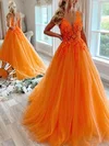 Princess V-neck Lace Tulle Sweep Train Prom Dresses With Appliques Lace #UKM020111863