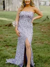 Trumpet/Mermaid Strapless Sequined Sweep Train Prom Dresses With Split Front #UKM020111865