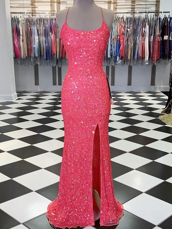 Sheath/Column Scoop Neck Sequined Sweep Train Prom Dresses With Split Front #UKM020111866