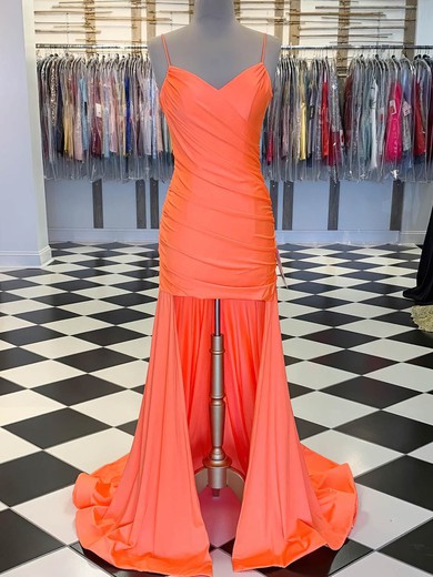 Sheath/Column V-neck Asymmetrical Jersey Prom Dresses With Ruched #UKM020111867