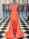 Sheath/Column V-neck Asymmetrical Jersey Prom Dresses With Ruched #UKM020111867