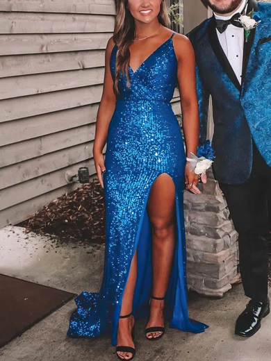 Sheath/Column V-neck Sequined Sweep Train Prom Dresses With Split Front #UKM020111868