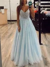 A-line V-neck Tulle Lace Sweep Train Prom Dresses With Appliques Lace #UKM020111874