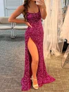 Sheath/Column Sweep Train Scoop Neck Velvet Sequins Split Front Prom Dresses #UKM020111881