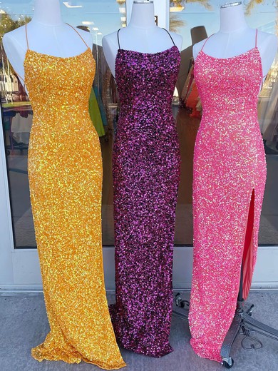 Sheath/Column Scoop Neck Sequined Sweep Train Prom Dresses With Split Front #UKM020111885