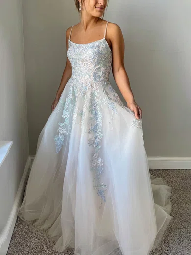 A-line Scoop Neck Lace Tulle Sweep Train Prom Dresses With Beading #UKM020111894