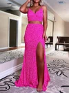 Trumpet/Mermaid V-neck Sequined Sweep Train Prom Dresses With Split Front #UKM020111896