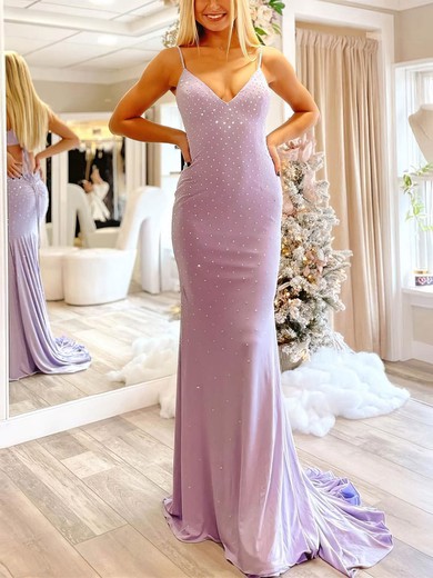 Trumpet/Mermaid V-neck Jersey Sweep Train Prom Dresses With Beading #UKM020111898