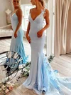 Trumpet/Mermaid V-neck Jersey Sweep Train Prom Dresses With Appliques Lace #UKM020111899