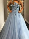 A-line One Shoulder Lace Tulle Sweep Train Prom Dresses With Appliques Lace #UKM020111900
