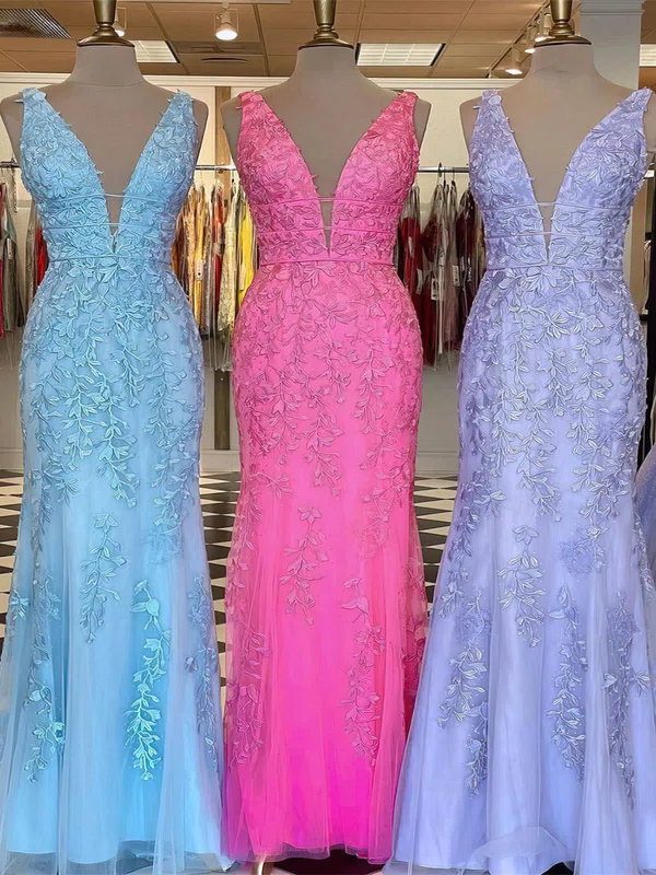 Sheath/Column V-neck Lace Tulle Sweep Train Appliques Lace Prom Dresses #UKM020111901