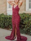 Trumpet/Mermaid V-neck Sequined Sweep Train Prom Dresses With Split Front #UKM020111913