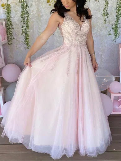 A-line V-neck Tulle Sweep Train Prom Dresses With Beading #UKM020111915