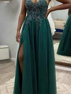 A-line V-neck Tulle Sweep Train Prom Dresses With Split Front #UKM020111917