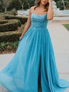A-line Scoop Neck Chiffon Sweep Train Prom Dresses With Split Front #UKM020111918