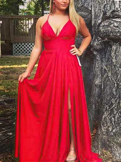 A-line V-neck Jersey Sweep Train Prom Dresses With Split Front #UKM020111919