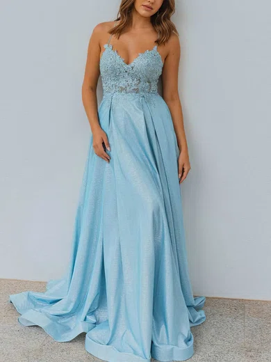 A-line V-neck Shimmer Crepe Sweep Train Prom Dresses With Appliques Lace #UKM020111920