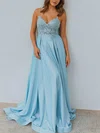 A-line V-neck Shimmer Crepe Sweep Train Prom Dresses With Appliques Lace #UKM020111920