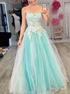 A-line Square Neckline Lace Tulle Sweep Train Prom Dresses With Appliques Lace #UKM020111925