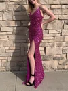 Sheath/Column V-neck Sequined Sweep Train Prom Dresses With Split Front #UKM020111926